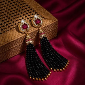 Luxury Ruby and Black Onyx Bead Crystal Tassel Bold Geometric Hexagon Earrings