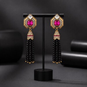 Luxury Ruby and Black Onyx Bead Crystal Tassel Bold Geometric Hexagon Earrings