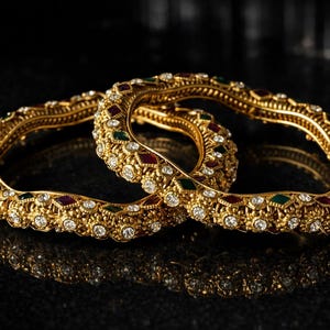 Gold Bangle Bracelets, Ruby Emerald Crystal, Antique Indian Brass Cuff- Size 2.8
