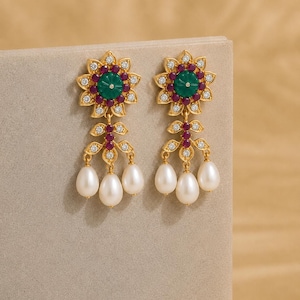 Antique Floral Jhumka with Emerald Green&Ruby Pink Stone Pearl Dangler Earrings