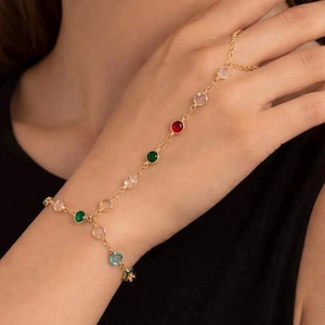 Gold Multi Gem Hand Chain, Crystal Zircon Finger Bracelet, Colorful Slave Harness