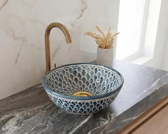 Hand Painted Moroccan Ceramic Sink – Fish Scale Vessel Bathroom Basin – Boho Vanity Wash Bowl