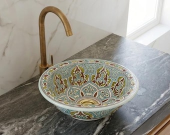 Hand-Painted Moroccan Ceramic Vessel Sink – Geometric Bathroom Vanity Bowl Basin