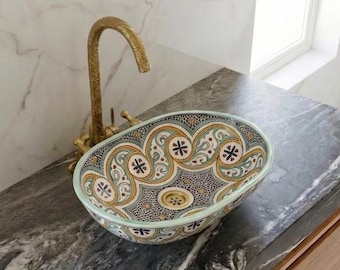 Lavabo-vasque ovale en céramique peint à la main, lavabo artisanal Talavera, décoration de salle de bain bohème ferme