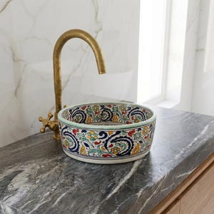 Lavabo de cerámica marroquí pintado a mano, lavabo de estilo rústico, lavabo artístico para baño.