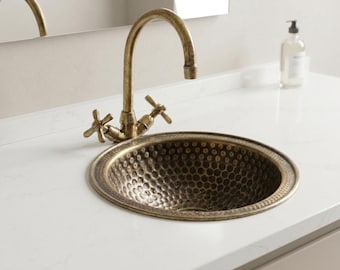 Handcrafted Round Brass Sink – Hand-Hammered Vessel & Drop-In Bathroom Basin – Unlacquered Aged Brass Countertop Sink