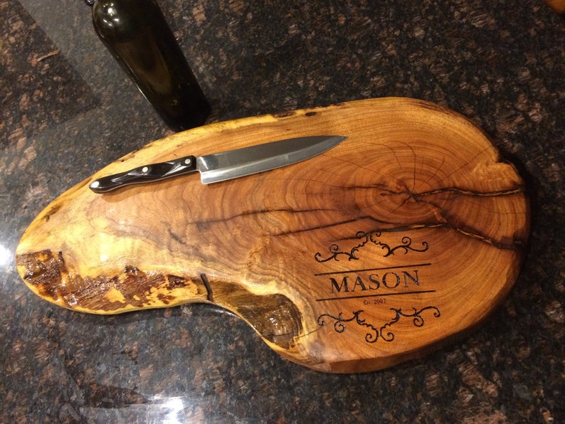 Custom cutting board natural edge end-Grain chopping block engraved Wedding cutting board tree slice tree round wood slab
