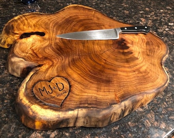 End grain chopping block or cake stand made from unique Selected mesquite slab hand woodburned with family name