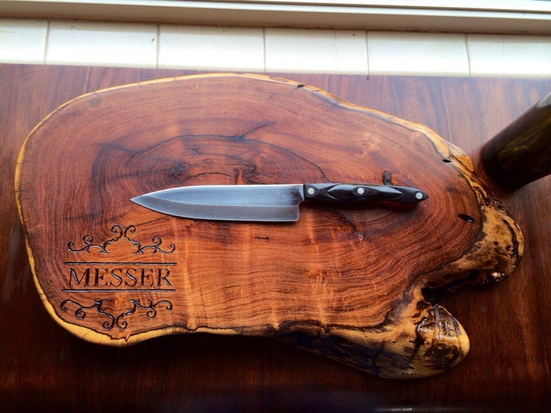 Custom cutting board natural edge end-Grain chopping block engraved Wedding cutting board tree slice tree round wood slab