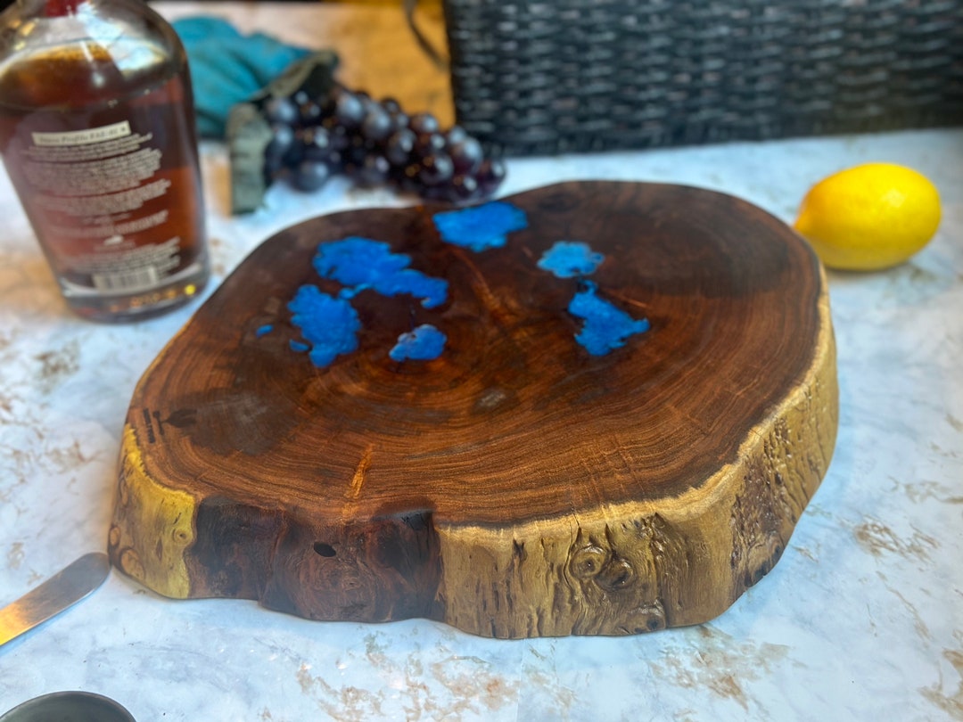 End Grain Cutting Board Mesquite Slab With Sapphire Blue Accent Etsy