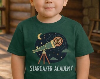 Camiseta de Stargazer Academy para niños pequeños / Camiseta de astronomía para niños / Camiseta de telescopio espacial / Camiseta de explorador pequeño / Manga corta y larga