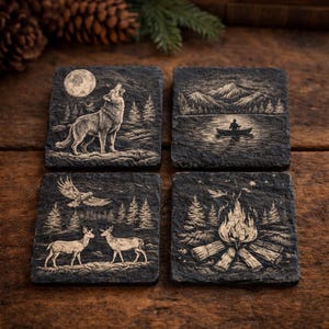 May include: Set of four square slate coasters with engraved nature scenes. Designs include a howling wolf under a full moon, a person in a boat on a lake, deer with an eagle, and a campfire. Each coaster is approximately 4 inches square.