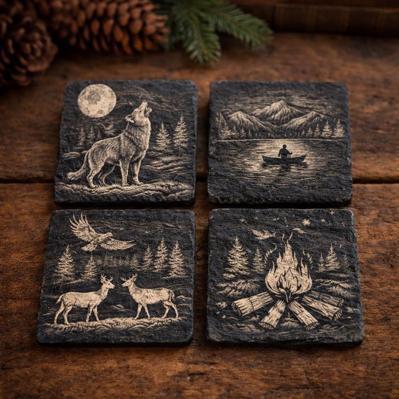 May include: Set of four square slate coasters with engraved nature scenes. Designs include a howling wolf under a full moon, a person in a boat on a lake, deer with an eagle, and a campfire. Each coaster is approximately 4 inches square.