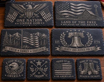 Patriotic Engraved Slate Serving Platter & Coaster Set | Rustic Cabin Decor | 4th of July Entertaining Gift | Slate Cheese Board Set