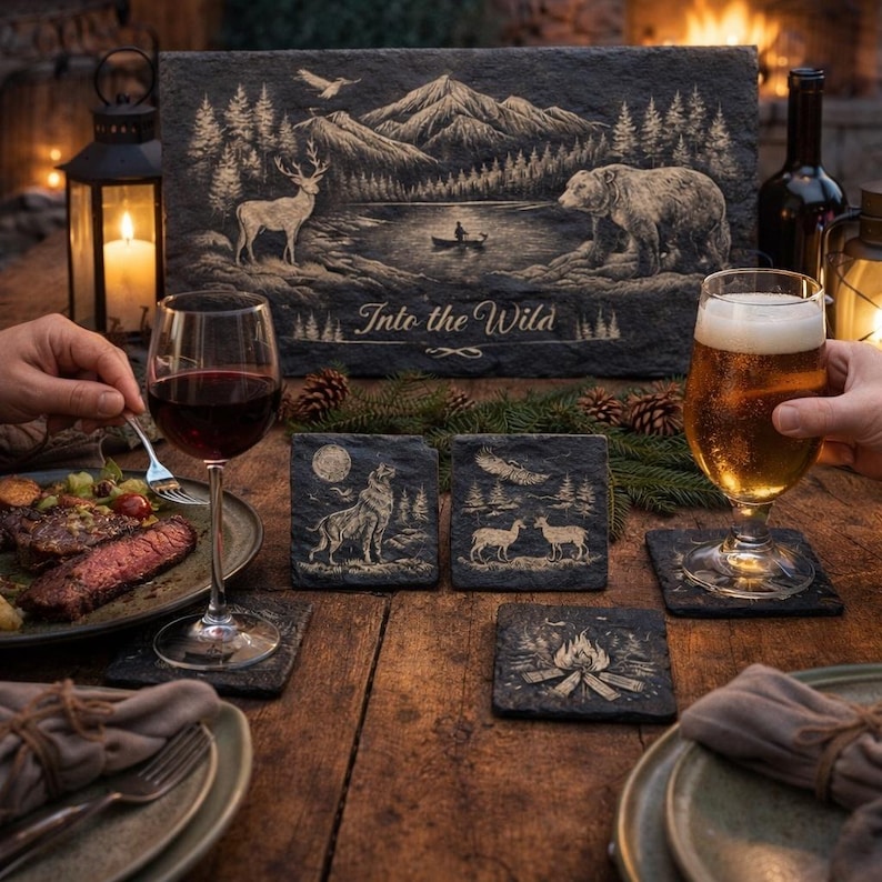 May include: A rustic outdoor dining scene features a slate serving board and coasters with engraved wilderness scenes. The board displays a mountain lake scene with the text "Into the Wild." Coasters depict a wolf, deer, and campfire. A glass of red wine and beer are on the table.