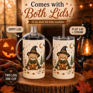 May include: A 12 oz kids tumbler featuring a bear wearing a witch hat and cape while holding a pumpkin. The set includes two interchangeable lids: a sippy lid with handles and a flat lid with a straw. The cup has a cream background with autumn trees.