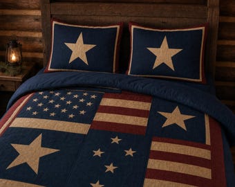 Vintage Amerikanische Flagge Bettbezug Baumwolle Bett Set | Vaterländische Sterne Streifen