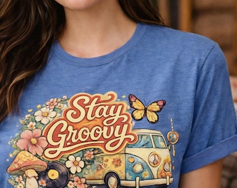 Camiseta estética retro, camiseta para adolescente, camiseta Stay Groovy, camiseta hippie vintage, camiseta gráfica de los años 70, camiseta bohemia con flores y furgoneta.