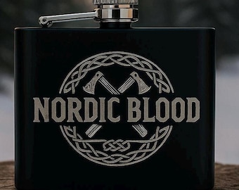 Sangre Nórdica – Mini petaca negra de 120 ml, con hachas vikingas y nudos, grabada con láser en taller familiar, regalo para berserkers nórdicos