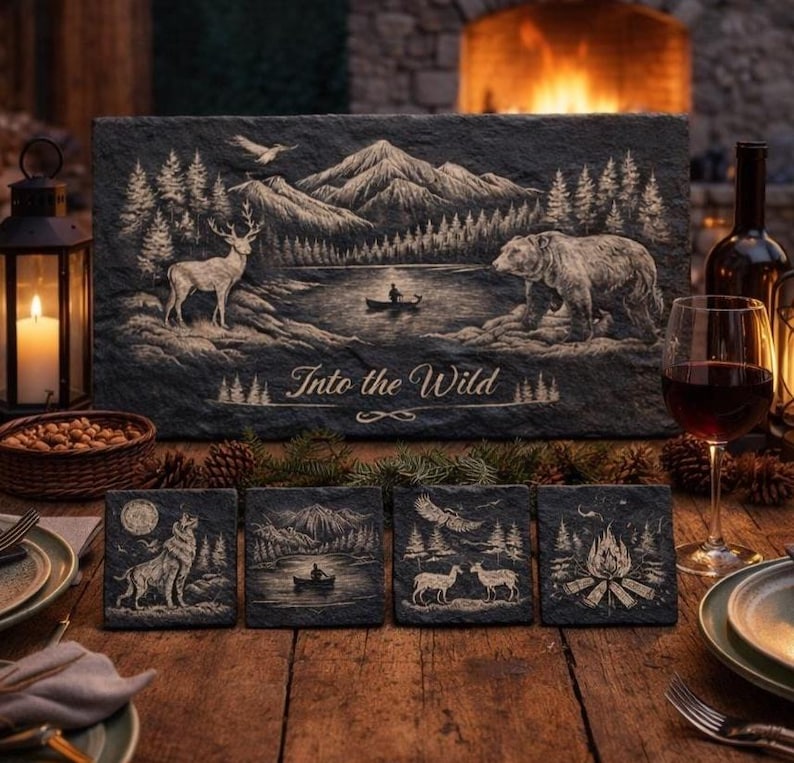 May include: A rustic slate serving board and coasters set with a nature-themed design. The large board features a mountain and lake scene with a deer, bear, and the text "Into the Wild." Four matching coasters depict wildlife and landscapes.