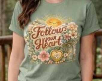 Camiseta "Sigue tu corazón" para adolescentes, bonita camiseta floral estilo cottagecore, camiseta con gráfico bohemio y estética inspiradora para adolescentes.