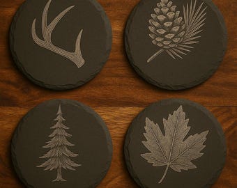 Evergreen Tree Slate Coaster Set, Rustic Cabin Drink Coasters, Engraved Stone Forest Decor, Cozy Lodge Gift for Him