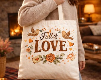 Bolsa de lona "Llena de Amor": Romántica bolsa de San Valentín, acogedora y de algodón reutilizable, ideal como regalo para ella.
