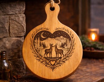 Tabla de cortar de madera de acacia personalizada • Diseño de corazón de ciervo grabado personalizado • Tabla con mango redondo de 14” • Regalo de aniversario de bodas