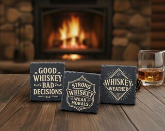 Whiskey Slate Coasters Set • Funny Whiskey Gifts for Men • Good Whiskey Bad Decisions • Bar Decor • Father’s Day Gift • Rustic Man Cave