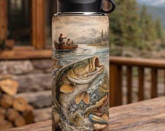 Vaso de pesca vintage de 20 oz / Taza de pescador de lago de montaña / Vaso rústico de acero inoxidable para exteriores / Regalo de pesca