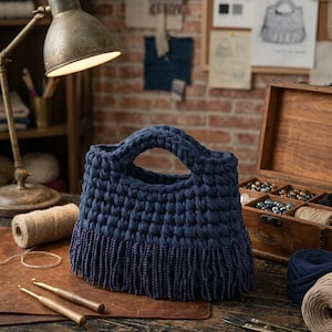Puede incluir: Un bolso de mano de ganchillo azul marino con un fleco de cuentas azul oscuro. El bolso tiene un asa redondeada y está sobre una mesa de madera con ganchos de ganchillo e hilo. El fondo incluye una pared de ladrillo y una caja de madera.
