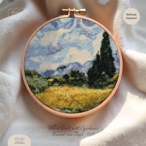 Wheat Field with Cypresses Cross Stitch Pattern PDF Vincent Van Gogh Impressionist Fine Art Classic Landscape DIY Embroidery Instant