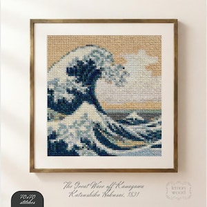 Patrón de punto de cruz de La gran ola de Kanagawa, arte japonés de Hokusai en PDF, descarga instantánea, gráfico de bordado de mini obras maestras