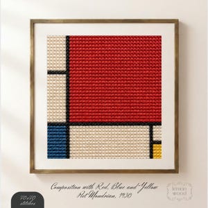 Piet Mondrian Cross Stitch Pattern, Composition with Red Blue and Yellow, Modern Abstract Embroidery Chart, Minimalist Art, Digital PDF