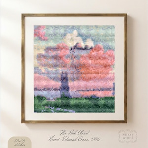 May include: Framed cross-stitch art titled "The Pink Cloud" by Henri-Edmond Cross, 1896. The artwork features a colorful landscape with pink and white clouds, a blue sky, and green foliage. The frame is a warm, golden brown.