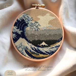 Könnte beinhalten: Ein runder Stickrahmen mit einem Kreuzstich-Motiv der Großen Welle vor Kanagawa von Katsushika Hokusai, 1831. Das Design zeigt Schattierungen in Dunkelblau, Weiß und Beige, mit dem Text The Great Wave off Kanagawa Katsushika Hokusai, 1831.
