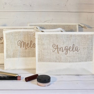 Personalized Makeup Bags Monogram Linen Cosmetic Bags Bridesmaid Gift image 2