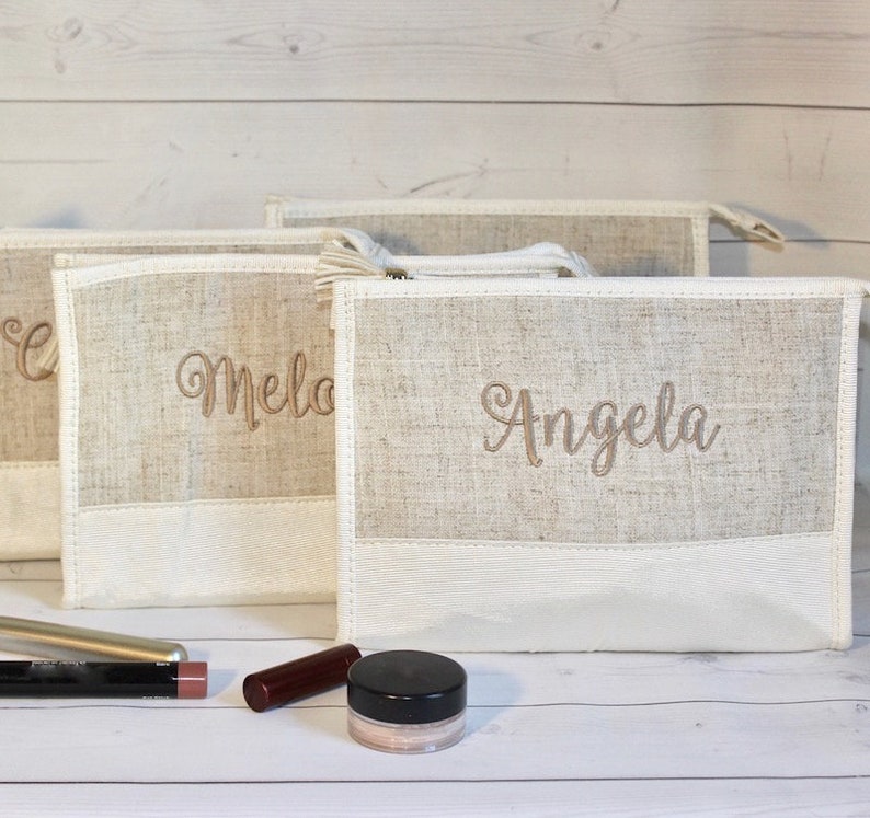 Personalized Makeup Bags Monogram Linen Cosmetic Bags Bridesmaid Gift image 2