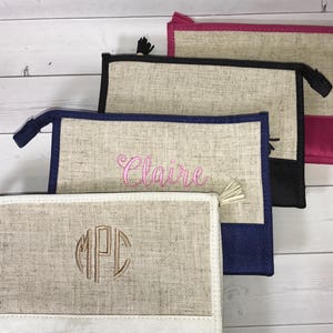 Personalized Makeup Bags Monogram Linen Cosmetic Bags Bridesmaid Gift image 1