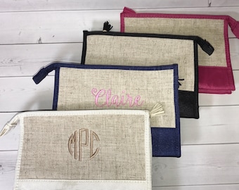 Personalized Makeup Bags - Monogram Linen Cosmetic Bags - Bridesmaid Gift