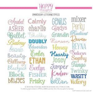 May include: A display of embroidery lettering styles in various fonts and colors. The text includes words like "Anabel", "Ballet", "Hearty", and "Varsity". The image also contains the text "Happy thoughts - personalized gifts-" and "EMBROIDERY LETTERING STYLES".