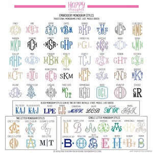 May include: A comprehensive chart titled Happy Thoughts Embroidery Monogram Styles displaying various letter combinations in diverse fonts and colors, categorized into traditional, block, two-letter, and single-letter monogram styles for personalization.