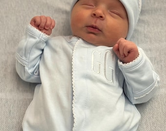 Monogrammed Baby Footie - Picot Trim - Baby Boy Outfit Coming Home