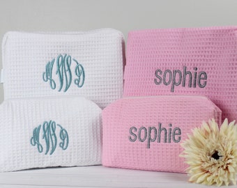 Personalized Makeup Bag - Cosmetic Bag - Waffle Weave - Bridesmaid Gift - Monogram Bag - Makeup bag set