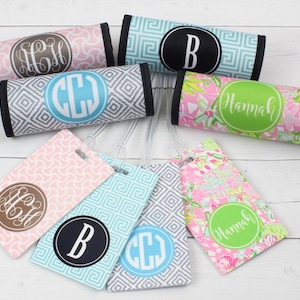 Luggage Handle Wrap and Tag Set - Monogram Luggage Tag - Bag Tag - Keyring - Travel Set - Personalized Luggage Tag Wrap - Custom Travel Tag