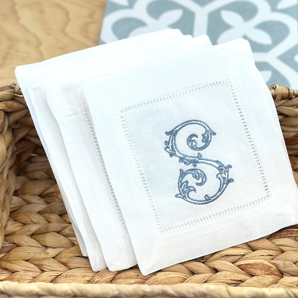 Monogrammed Linen Cocktail Napkins - Antique Vine - Personalized Gift - Housewarming - Hostess - Wedding Gift - Gift for Mom - Bridesmaids