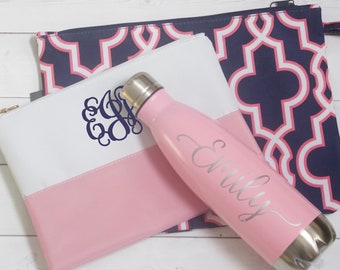 Personalized Gift Set - Makeup Bag - Waterproof Bag - Water Bottle - Gifts for Mom - Monogram Gift Set