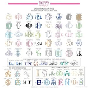 May include: A chart displaying various embroidery monogram styles, including traditional, block, two-letter, and single-letter options. The styles are presented in a variety of fonts and designs, with examples of each. The chart is labeled "Happy Thoughts".