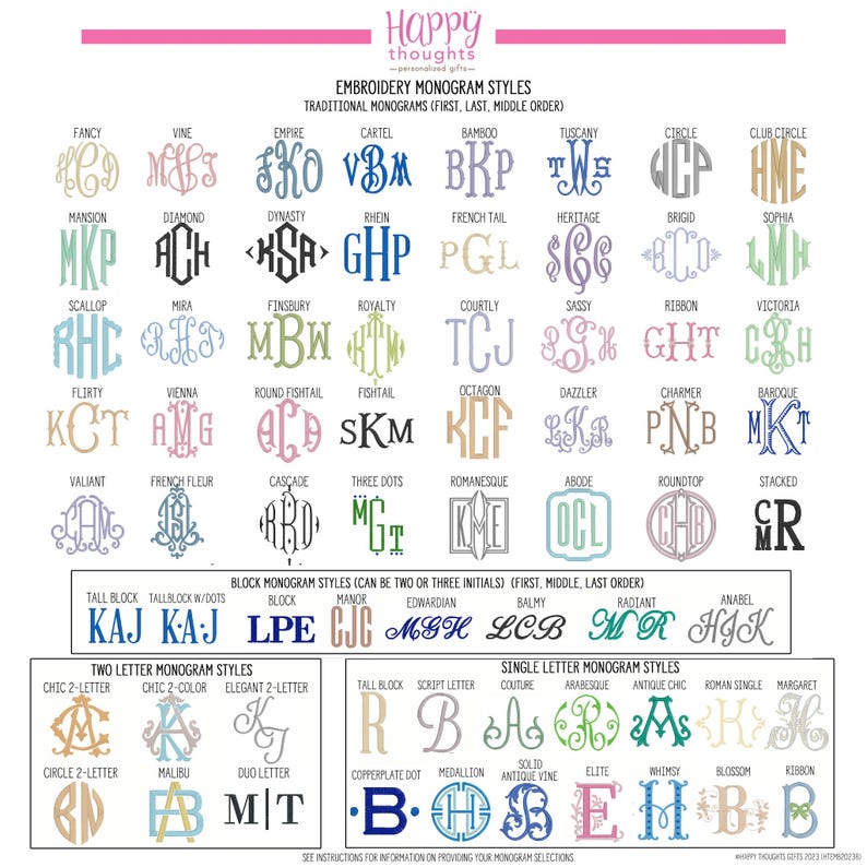 May include: A chart displaying various embroidery monogram styles, including traditional, block, two-letter, and single-letter options. The styles are presented in a variety of fonts and designs, with examples of each. The chart is labeled "Happy Thoughts".
