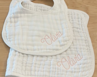 Monogrammed Personalized Baby Bib and Burp Cloth - Soft - Cotton Muslin - Baby Shower Gift - Boy - Girl - Neutral